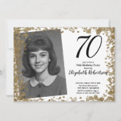 Custom 70th Photo Black and Gold Sequins Einladung (Vorderseite)