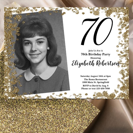 Custom 70th Photo Black and Gold Sequins Einladung