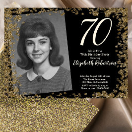 Custom 70th Photo Black and Gold Sequins Einladung