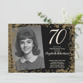 Custom 70th Photo Black and Gold Sequins Einladung (Stehend Vorderseite)