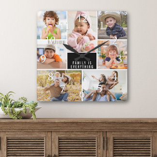Custom 7 Photo Collage Family Is Everything Quote Quadratische Wanduhr