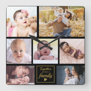 Custom 7 Photo Collage Gold Family Quote Black Quadratische Wanduhr