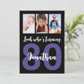 Custom 80. Geburtstag Black Modern Foto Collage Einladung (Stehend Vorderseite)