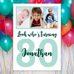 Custom 80. Geburtstag Green Script Foto Collage Einladung