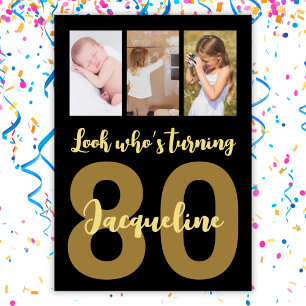 Custom 80. Geburtstag Schwarz und Gold Foto Collag Einladung