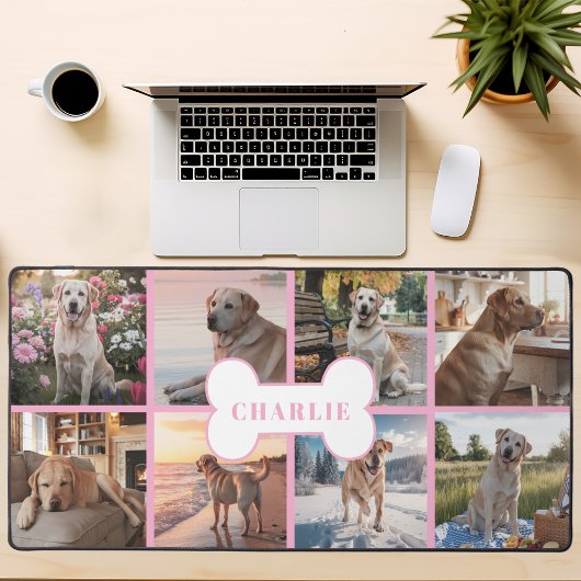 Custom 8 Foto Collage Dog Knochen Stift rosa Schreibtischunterlage