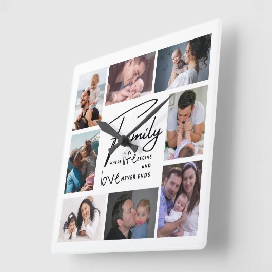 Custom 8 Foto Collage Family Liebe Angebot weiß Quadratische Wanduhr (Winkel)