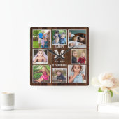 Custom 8 Foto Collage Family Monogramm Braunholz Quadratische Wanduhr (Zuhause)