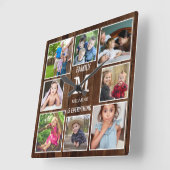 Custom 8 Foto Collage Family Monogramm Braunholz Quadratische Wanduhr (Winkel)
