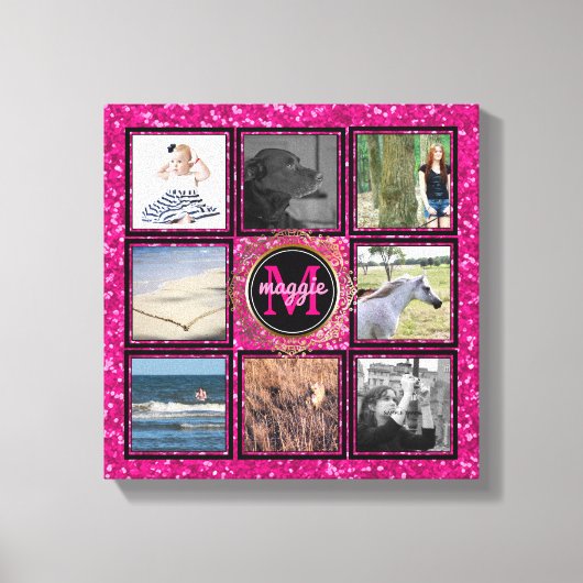 Custom 8 Square Foto Collage Girly Pink Monogram Leinwanddruck (Vorderseite)