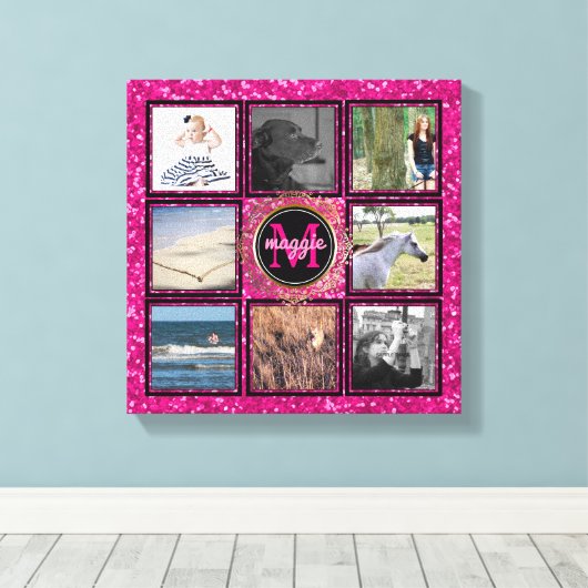 Custom 8 Square Foto Collage Girly Pink Monogram Leinwanddruck (Insitu (Holzboden))