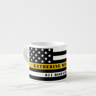 Custom 911 Dispatcher USA Flag Thin Gold Line Espressotasse