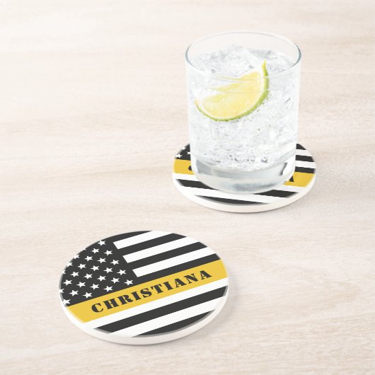 Custom 911 Dispatcher USA Flag Thin Gold Line Getränkeuntersetzer (Seite)