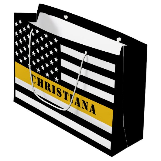 Custom 911 Dispatcher USA Flag Thin Gold Line Große Geschenktüte (Vorderseite Schrägansicht)