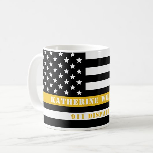 Custom 911 Dispatcher USA Flag Thin Gold Line Kaffeetasse (Vorderseite Links)