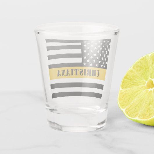 Custom 911 Dispatcher USA Flag Thin Gold Line Schnapsglas (Rückseite)