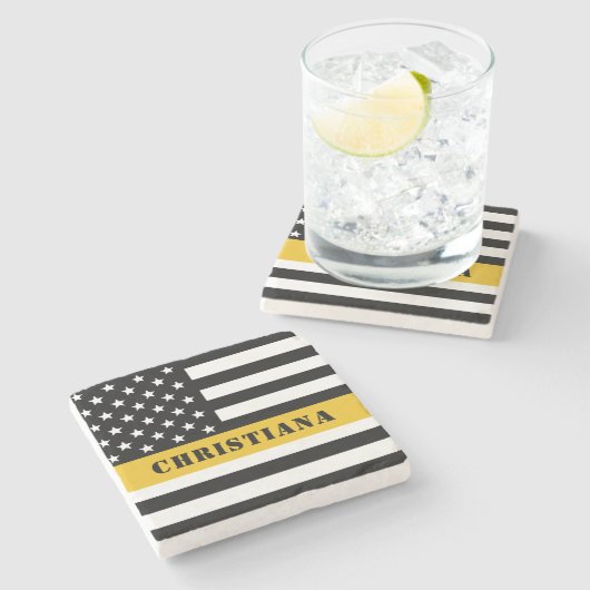 Custom 911 Dispatcher USA Flag Thin Gold Line Steinuntersetzer (Seitenansicht)