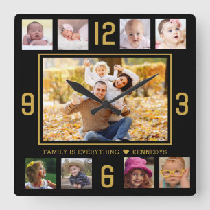 Custom 9 Photo Collage Family Quote Black And Gold Quadratische Wanduhr