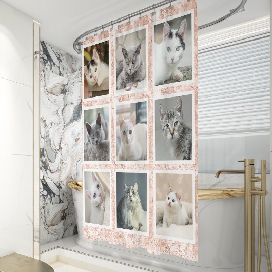 Custom 9 Square Foto Collage Rose Gold-Marmor Duschvorhang