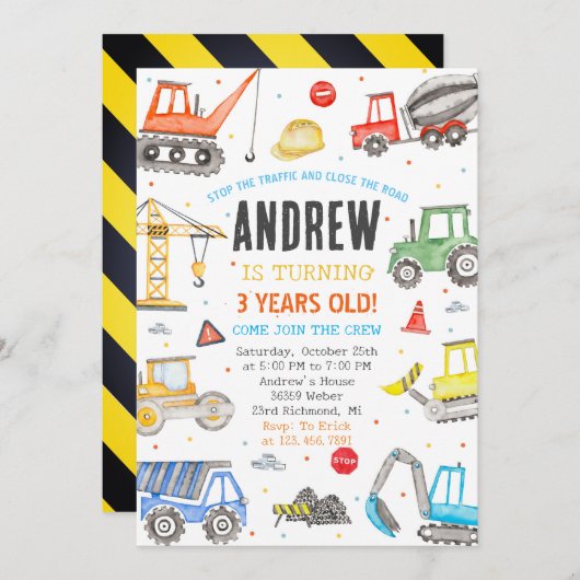 Custom a Modern Construction Birthday Party Einladung (Vorne/Hinten)