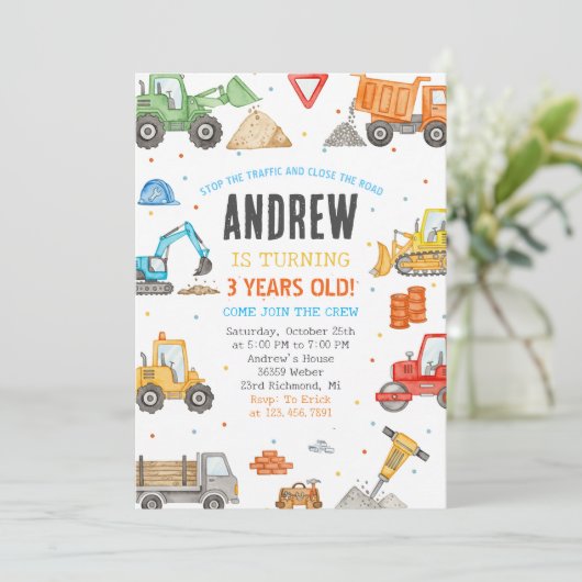 Custom A Modern Construction Birthday Party Einladung (Stehend Vorderseite)