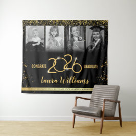 Custom Abschluss Banner Foto Collage Black Gold Wandteppich