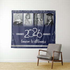 Custom Abschluss Banner Foto Collage Blue Silver Wandteppich