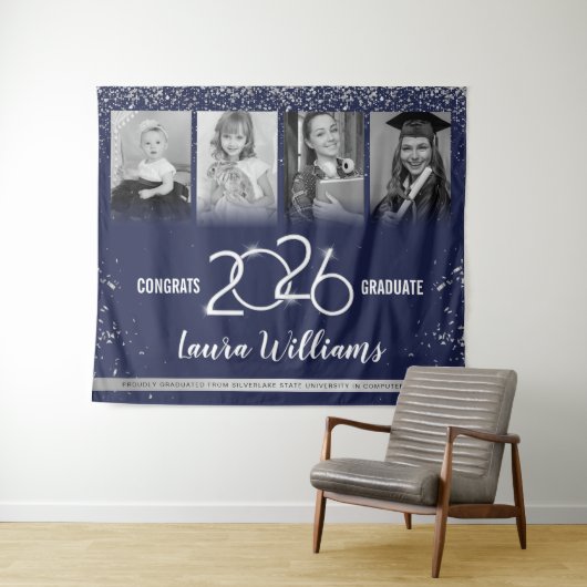 Custom Abschluss Banner Foto Collage Blue Silver Wandteppich (Beispiel (Horizontal))