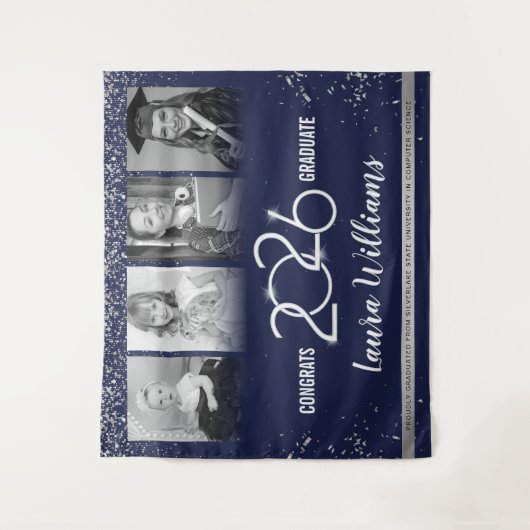 Custom Abschluss Banner Foto Collage Blue Silver Wandteppich (Vorderseite)