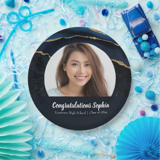 Custom Abschluss Foto Marble Agate Blue Pappteller (Party)