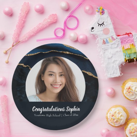 Custom Abschluss Foto Marble Agate Blue Pappteller (Party)