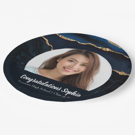 Custom Abschluss Foto Marble Agate Blue Pappteller (Schrägansicht)