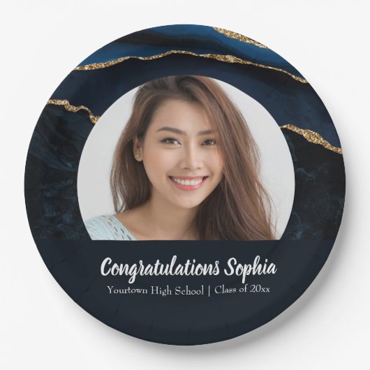 Custom Abschluss Foto Marble Agate Blue Pappteller (Vorderseite)