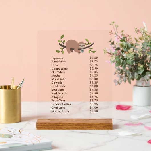 Custom Acrylic Pedestal Menu Sign with Sloth Acrylschild (Hochzeit)