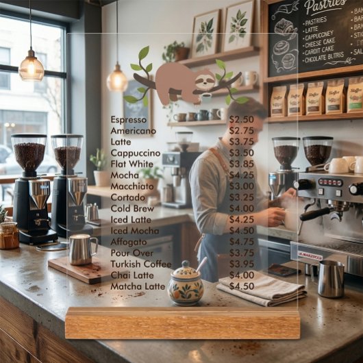 Custom Acrylic Pedestal Menu Sign with Sloth  Acrylschild