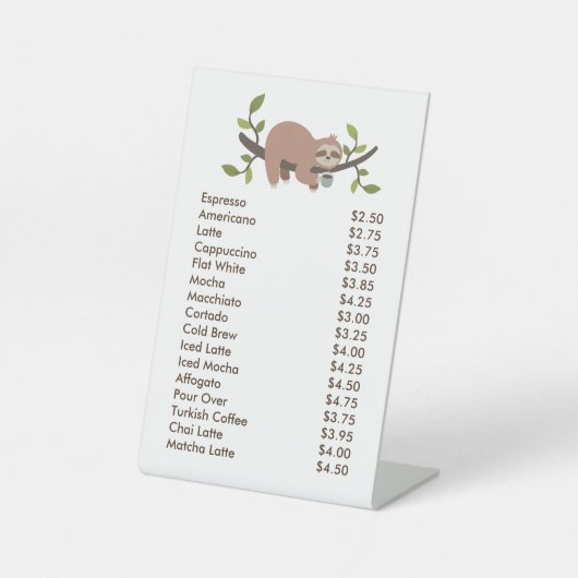 Custom Acrylic Pedestal Menu Sign with Sloth Sockelschild (Vorderseite)