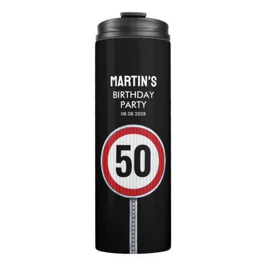 CUSTOM AGE Geburtstagsparty mit Straßenschild Thermosbecher (Vorderseite)
