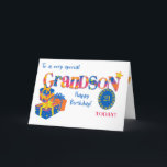 Custom Age Grandsons Geburtstag schenkt Word Art C Feiertagskarte<br><div class="desc">Eine bunt gefärbte Geburtstagskarte für einen Enkel, den Sie mit seinem Alter anpassen können. Geeignet für einen Enkel jeden Alters ist der Empfang auf der Vorderseite: "Zu einem ganz besonderen Grandson" und "Zum Geburtstag glücklich!" mit dem Wort "Grandson" in großen Buchstaben, gefüllt mit Stern, Polka Punkt, Zickzack und gestreifte Muster...</div>