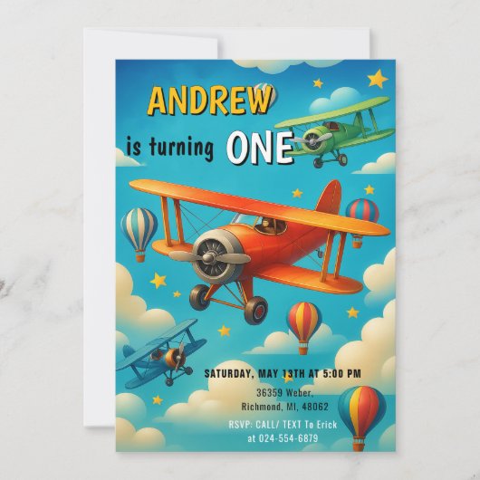 Custom Airplane First Birthday Kind Partys Einladung (Vorderseite)