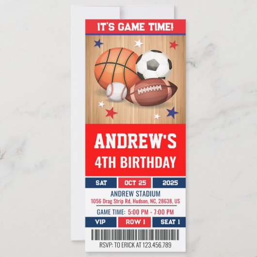 Custom All Star Sports Ticket Geburtstag Einladung (Vorderseite)