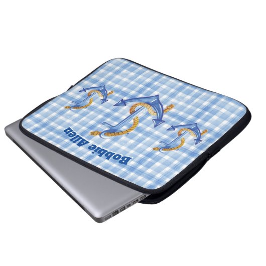 Custom Anchor and Rope Blue Gingham Laptopschutzhülle (Vorne Knopf)