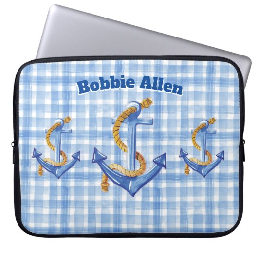 Custom Anchor and Rope Blue Gingham Laptopschutzhülle (Vorderseite)