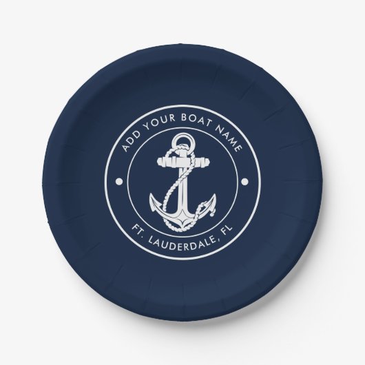 Custom Anchor Boat Name Navy Blue Nautic Pappteller (Vorderseite)