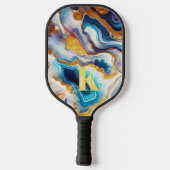 Custom Aquamarin Aqua Golden Agate Monogram Pickleball Schläger (Rückseite)