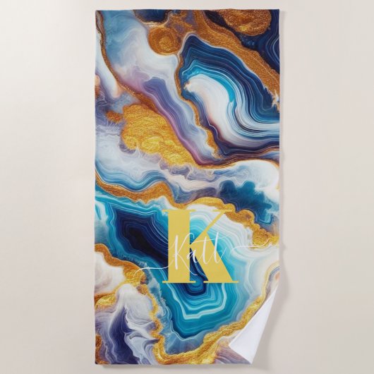 Custom Aquamarin Aqua Golden Agate Monogram Strandtuch (Vorderseite)