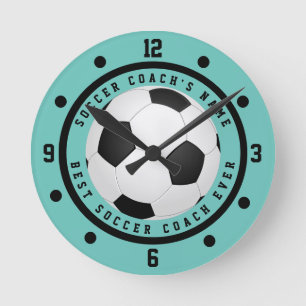 Custom Aquamarin Blue Boy's Soccer Coach Round Clo Runde Wanduhr