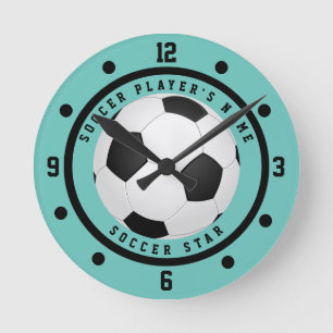 Custom Aquamarin Blue Boy's Soccer Star Player Runde Wanduhr