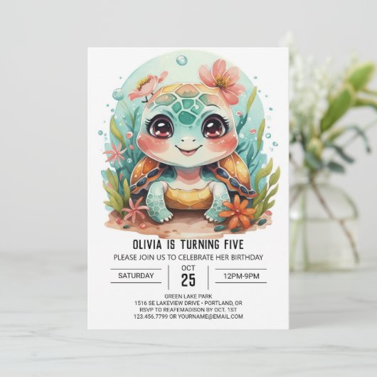 Custom Aquatic Turtle Girl Birthday Einladung (Stehend Vorderseite)