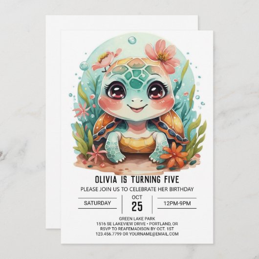 Custom Aquatic Turtle Girl Birthday Einladung (Vorne/Hinten)