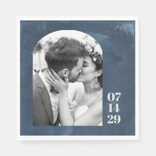 Custom Arch Shape Wedding Foto Date Navy Blue Serviette